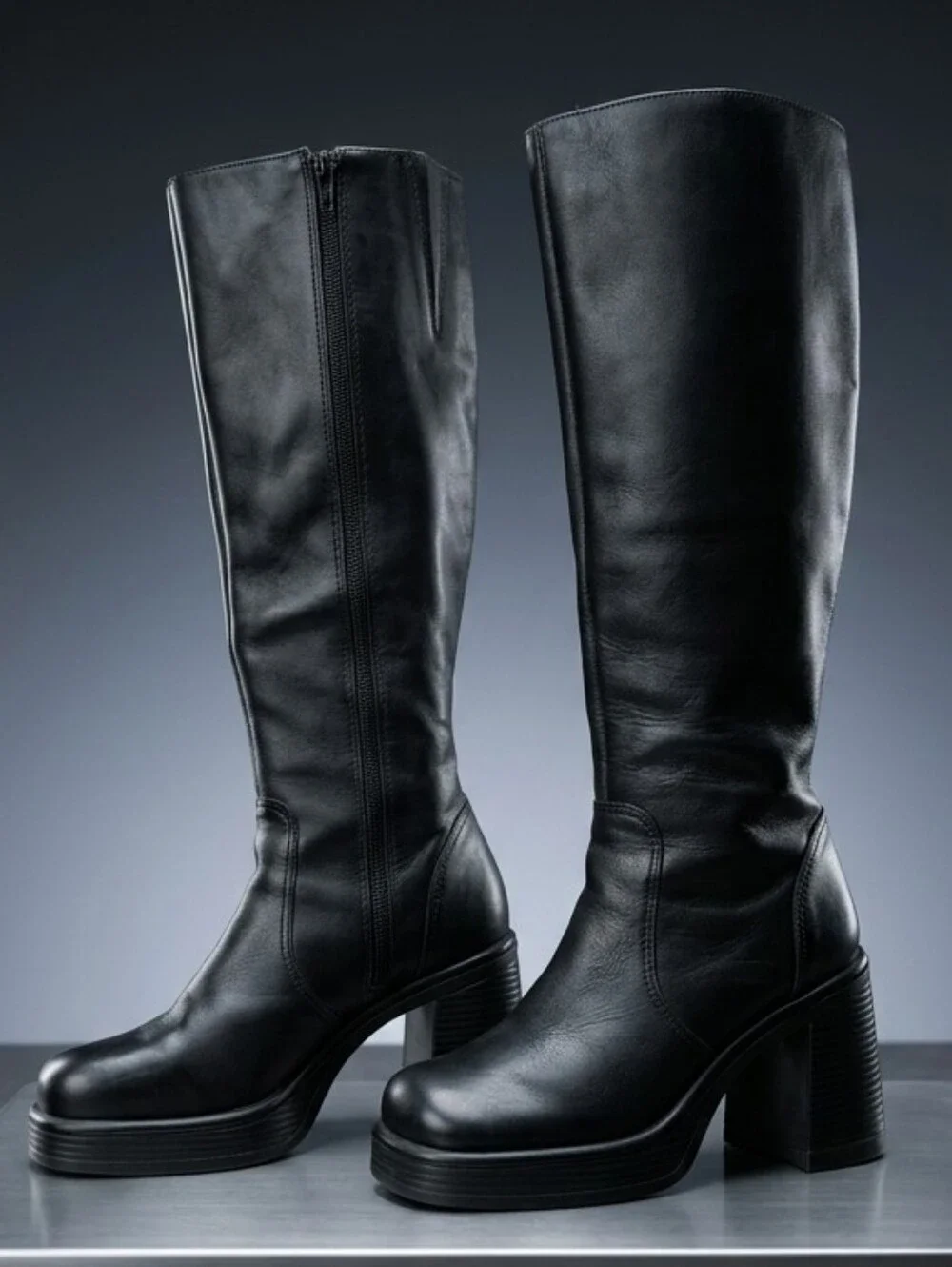 Steve Madden Fanatik Black Leather Knee High Platform Boots Square Toe 8.5M